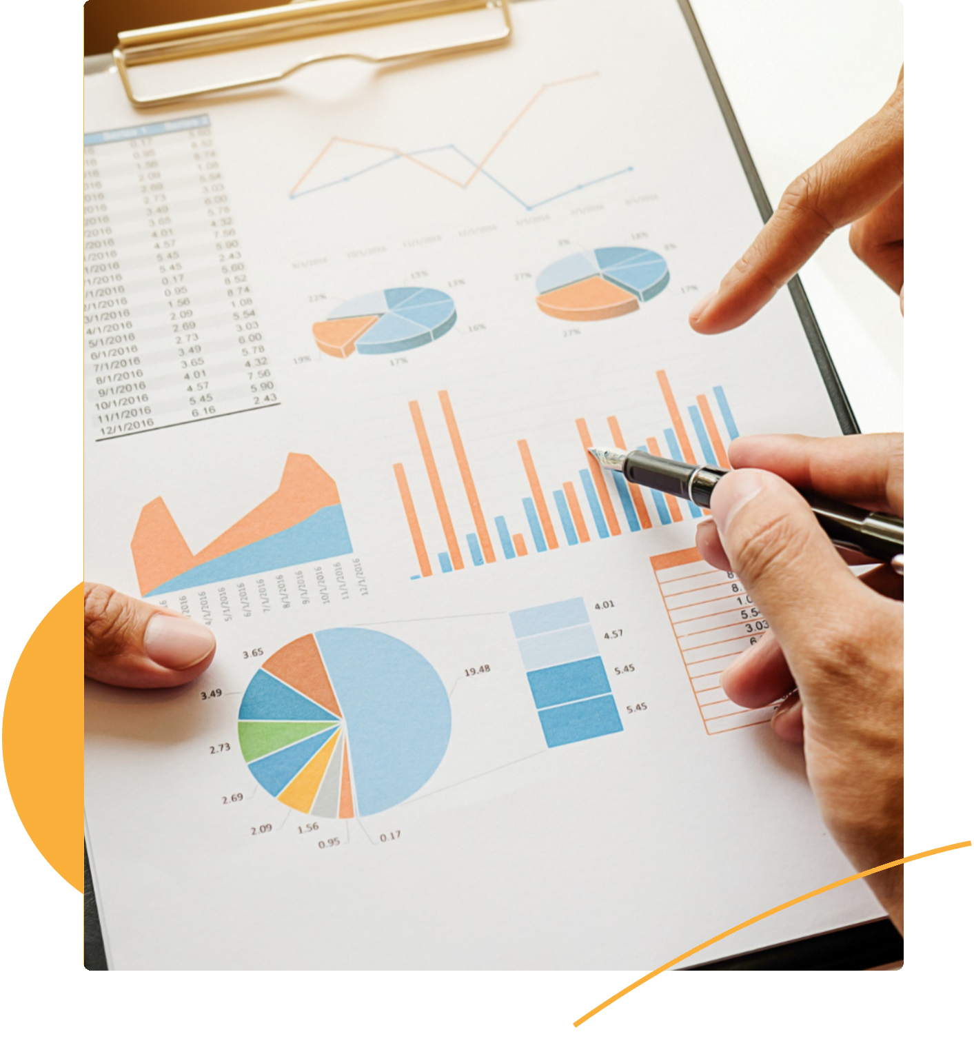 Manos analizando gráficos y métricas en un informe de resultados de redes sociales