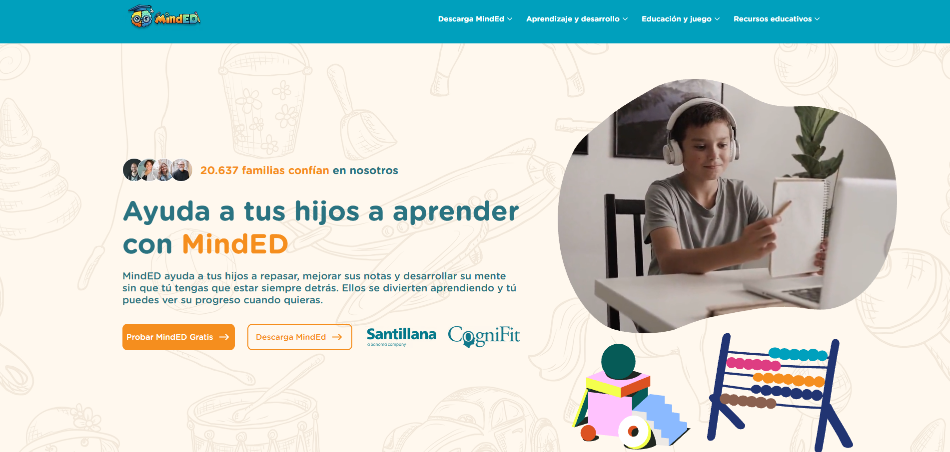 MindED de Santillana | Aplicación educativa para niños Captura de la página web de MindED, aplicación educativa de Santillana para el aprendizaje infantil, con un niño utilizando un ordenador y elementos gráficos relacionados con la educación.