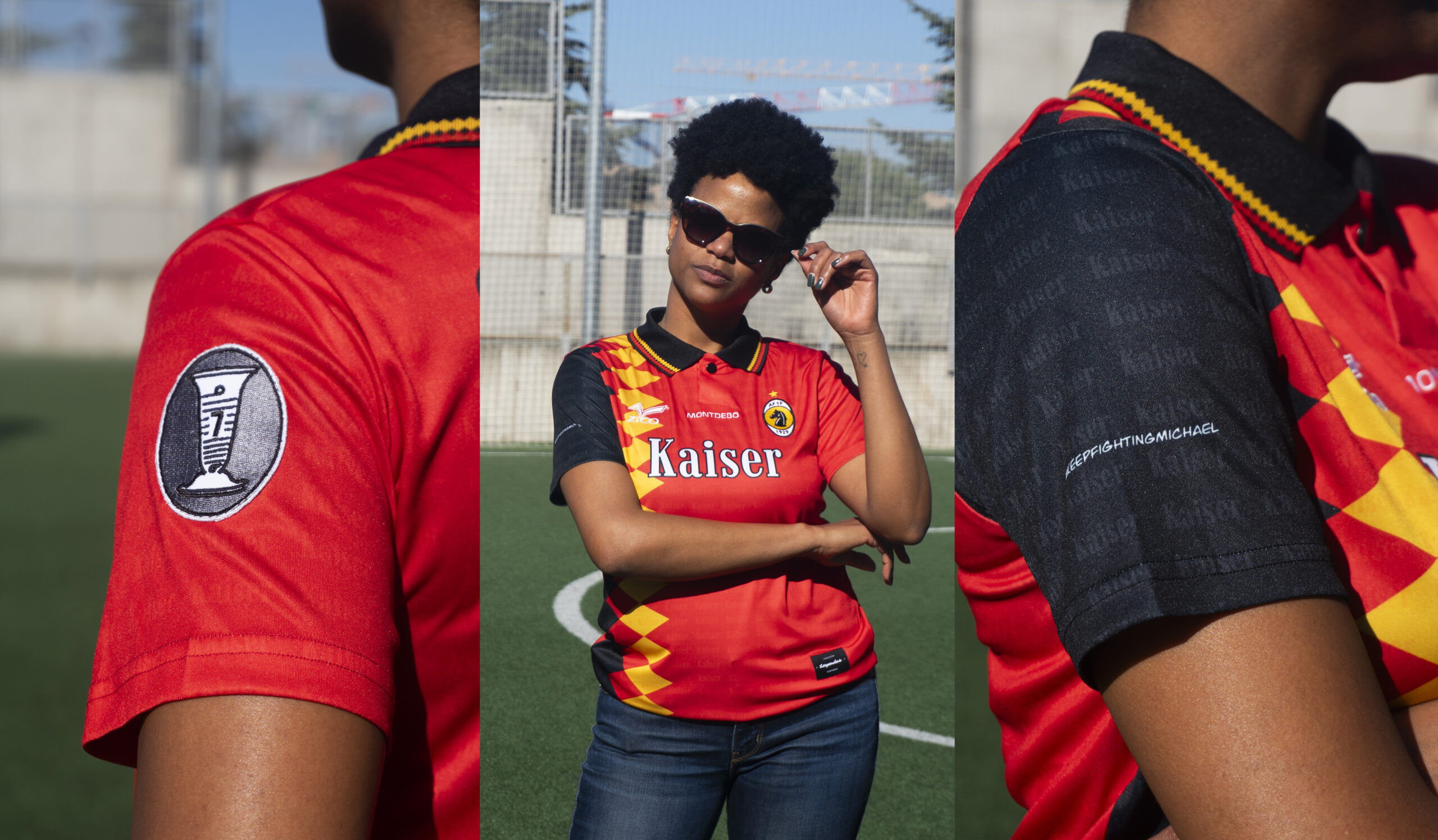 Fotografía de moda y producto para Montdebó | Colección Michael Schumacher Collage de tres fotografías de la camiseta Montdebó inspirada en Michael Schumacher, con una modelo en un campo de fútbol y primeros planos de los bordados y detalles de las mangas.